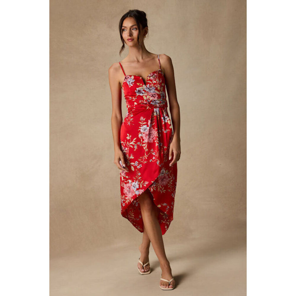 Lulus My Favorite Day Red Floral Print Tulip Skirt Midi Dress - Size M